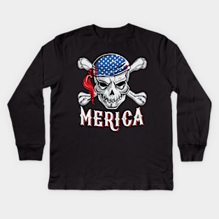 Pirate Merica Skull Crossbone Jolly Roger Halloween Costume Kids Long Sleeve T-Shirt